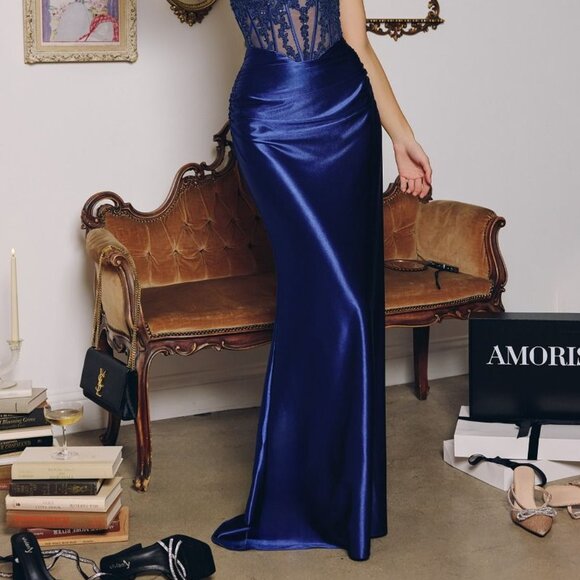 New Soft Satin Navy Evening Maxi Beaded Dress w/ Sheer Boned Bodice CD T819 - Picture 9 of 9